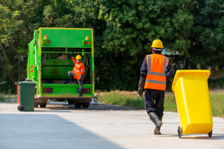 Garbage collector, Garbage man working together on emptying dustbins for trash removal.の写真素材
