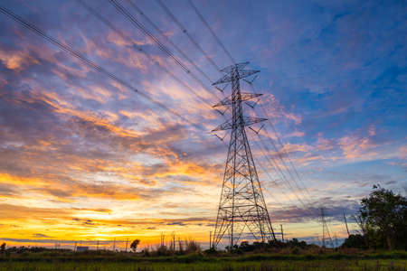 High Voltage Power Transmission Tower, High voltage tower sky sunset background.の写真素材