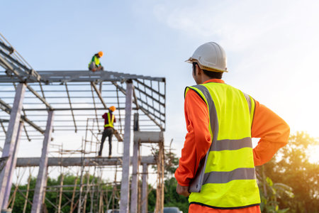 3 Workers in Construction Site, Engineer technician watching team of Workers Steel roof structure under construction. Teamwork Concept.の写真素材