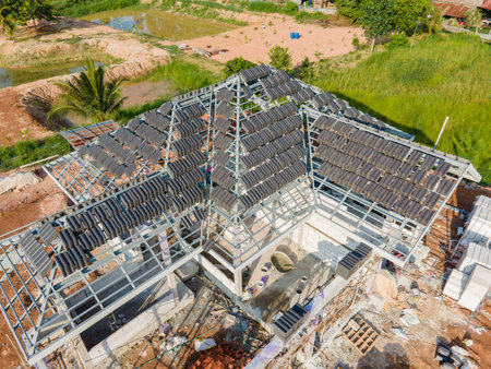 Aerial view of Concrete or CPAC cement roof tiles on the new roof are under construction....