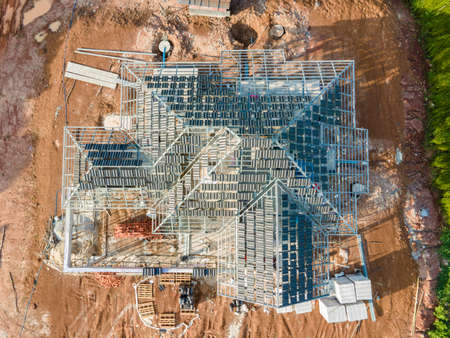 Top view of During the preparation before roofing of concrete or CPAC cement roof tiles on the new...