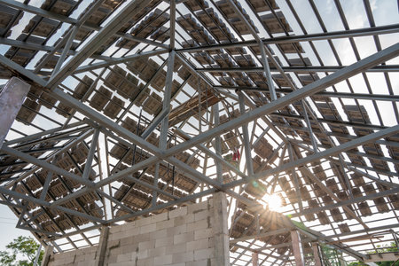 During the preparation before roofing of concrete or CPAC cement roof tiles on the new roof is under...