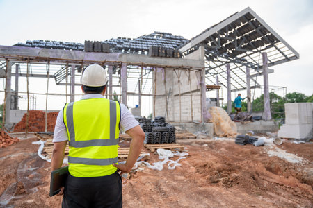 A civil engineer looks at the unfinished house. to plan the construction in the next step to be in accordance with the drawing or construction design.の写真素材