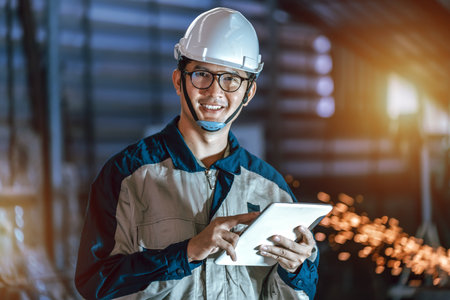 Asian Professional Heavy Industry Engineer Worker Wearing Safety Uniform and hard hat uses tablet checking  Steel or Metal Construction Manufacture in the factory.の写真素材