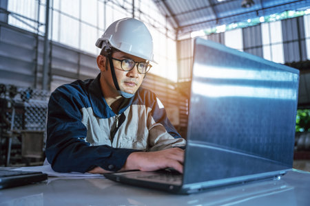 Asian Professional Heavy Industry Engineer Worker Wearing Safety Uniform and hard hat uses computer...