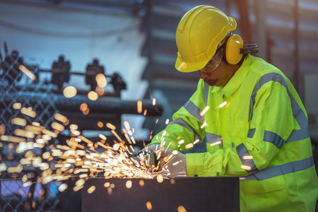 A worker is using a steel grinder in the factory. Industrial Worker Using Angle Grinder and Cutting a Metal Tube. Worker in Safety Uniform and Hard Hat Manufacturing Metal Structures. Heavy Industry.の写真素材