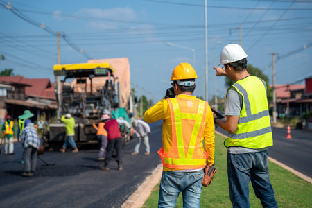 Civil engineer is assigning work to foreman's face with heavy equipment Asphalt paver & road roller & dump truck workers doing highway road construction repairs.の写真素材