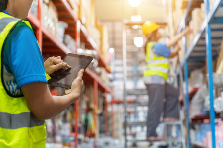 Close hand with tablet of Foreman and female laborer working in a warehouse.  logistic and business export. Working Woman Concept.の写真素材