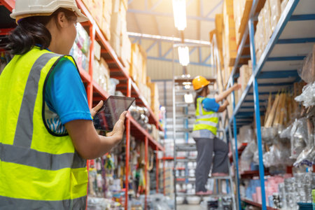 Asian teamwork of Warehouse workers in helmets woman order details and checking goods and supplies on shelves with goods background in warehouse. logistic and business export.の写真素材