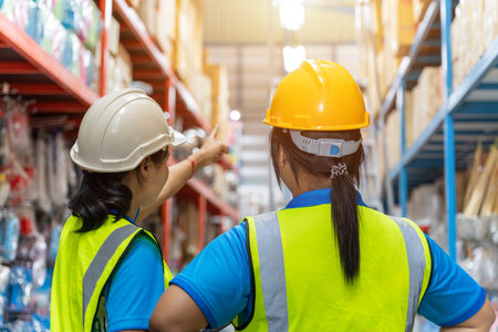 Asian teamwork of Warehouse workers Wearing Hard Hat Holding Digital Tablet checking packages on shelf in a large store. Working in Logistics and Distribution Center. Working Woman Concept.の写真素材