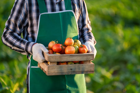 Hand of Farmer holding fresh gathered tomatoes  in wooden crates. Food, vegetables, agriculture.の写真素材