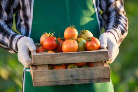 Asian farmer with fresh gathered tomatoes in the farm.の写真素材