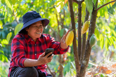Asian female farmer using mobile phone recording the growth of cocoa fruit on the cacao plant in the field with a happy smile.の写真素材