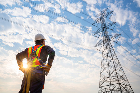 Asian worker at high voltage electricity poles. Working at height equipment. Fall arrestor device for worker with hooks for safety body harness.の写真素材