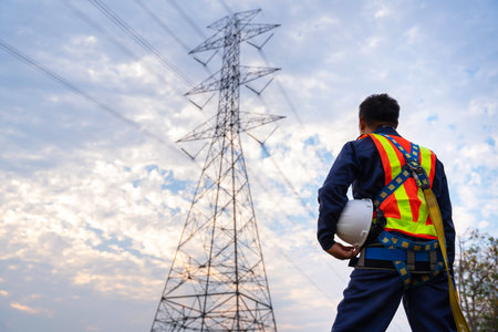 A Technician or Worker holding a safety helmet wear fall arrestor device for worker with hooks for safety body harness. Working at height equipment. at high voltage electricity poles.の写真素材