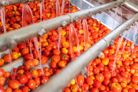 Automatic Tomato Washing Machine on Conveyor Belt in Tomato Factory. Food Industry.の写真素材