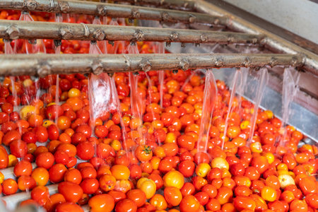 Tomatoes on the conveyor belt of an automatic washing machine in the tomato industry. Food Industry.の写真素材