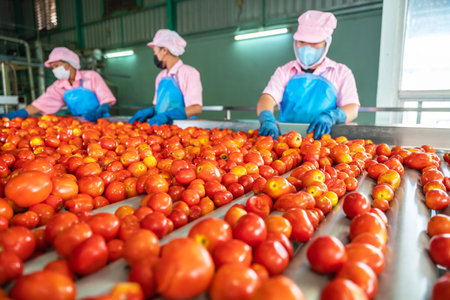 Asian workers sorting tomatoes on a conveyor belt in a tomato factory. food industry. Selective focus on tomatoes.の写真素材