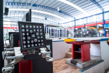Auomobile repair, Vehicle suspension alignment sensor and set up car wheel alignment at a car repair center that meets international standards. Wheel Aligner.の写真素材