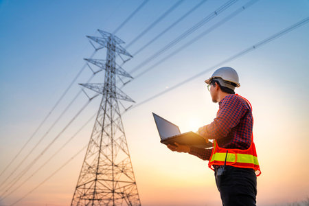 Asian electrical engineers checking location using a notebook computer standing at a power station to view the planning work by producing electrical energy at high voltage electrodes.の写真素材