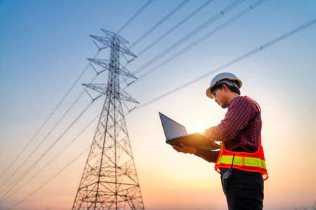 Asian electrical engineer checking position using notebook computer at power station for planning work. production of high-voltage electric poles.の写真素材