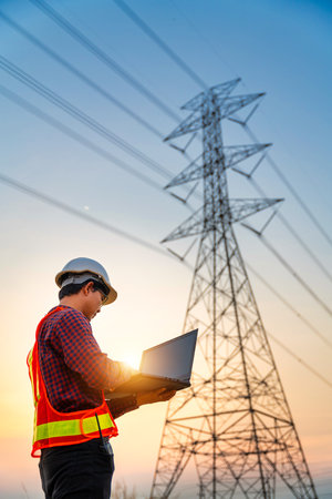 Asian electrical engineer checking position using notebook computer at power station for planning work. production of high-voltage electric poles. Vertical image.の素材 [FY310200966984]