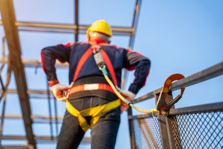A worker working at height equipment. Fall arrestor device for worker with hooks for safety body harness on the roof structure. Safety Body Harness. Safety body construction.の写真素材