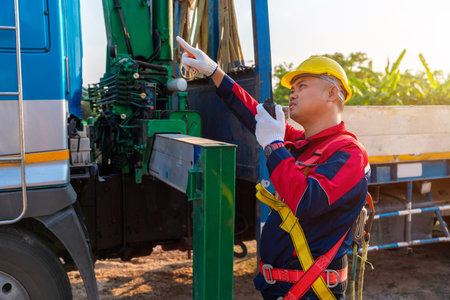 Asian supervisor or foreman is using a locator radio for a mobile crane at construction site.の写真素材