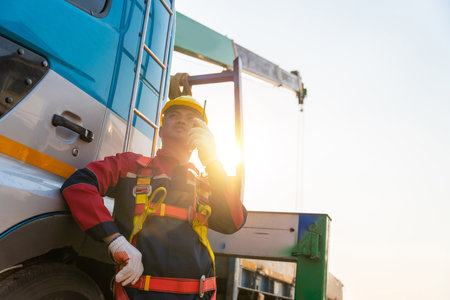A supervisor standing next to a mobile crane is using a radio to alert workers that the crane is ready for use at a construction site.の写真素材