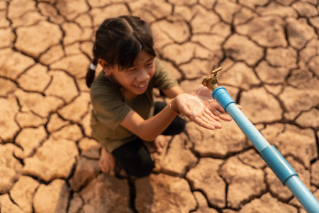 A little girl waiting for drinking water to live through this drought, Water crisis, Concept drought and crisis environment. Selective focus of faucet.の写真素材