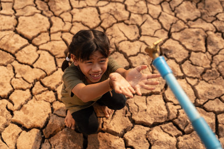 A little girl waiting for drinking water to live through this drought, Water crisis, Concept drought and crisis environment.の写真素材