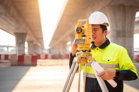 Asian civil engineer or surveyor making measuring under the expressway with theodolite on road works. Survey engineer at road construction site, Surveyor equipment. Highway.の写真素材