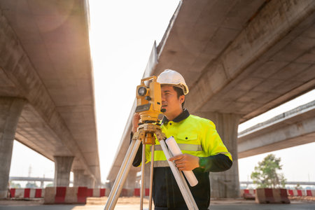 Asian civil engineer or surveyor diligently at road construction site, Surveyor equipment. Highway.の写真素材