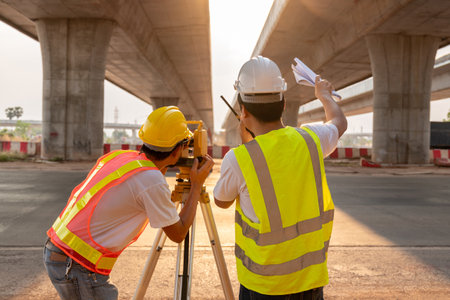 Asian Teamwork of civil engineer and surveyor engineers standing holding a blueprint making measuring with theodolite on road works. Survey engineer at road construction site, Surveyor equipment.の写真素材