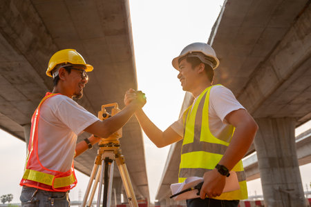 Asian teamwork success of civil engineer and surveyor engineers at road construction site, Surveyor equipment. Highway.の写真素材