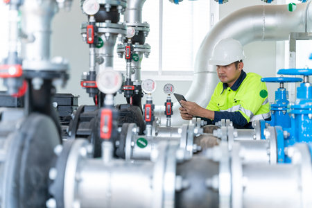 Asian engineers inspect and maintain condenser equipment. Water supply pumps in substations for distributing clean water at industrial estates. Industrial plumbing. Water pipes.の写真素材