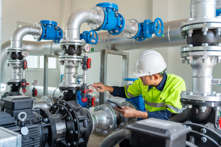 Asian worker at water supply stations inspect and maintain condenser equipment. Pumps in power substations for supplying clean water in industrial estates. Industrial plumbing.の写真素材