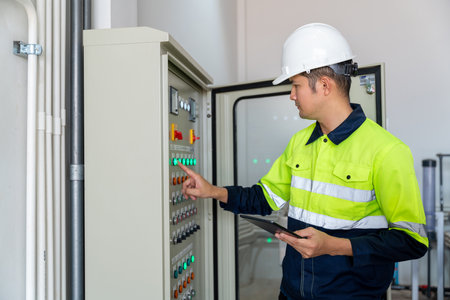 An engineer or electrician working push button on electrical system of water supply system controller with tablet at factory.の写真素材