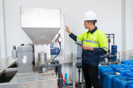 Asian engineer or electrician checking electrical system Working principle of the water supply control cabinet with tablets at the factory.の写真素材
