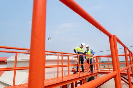 Two heavy industrial engineers standing on a water filter tank Use a digital tablet computer to talk to each other. Planning for the production of clean water enough for the factory.の写真素材