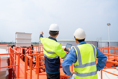 Back View of project leader holds a tablet and discusses product details with the chief engineer as they walk inspect the water supply process for an industrial plant.の写真素材