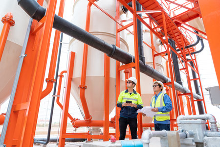 Asian project leader holds a tablet and discusses product details with the chief engineer as they walk inspect the water supply process for an industrial plant.の写真素材