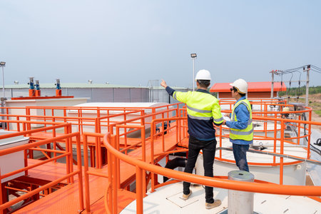 Back View of Two heavy industrial engineers standing on a water filter tank Use a digital tablet computer to talk to each other. Planning for the production of clean water enough for the factory.の写真素材