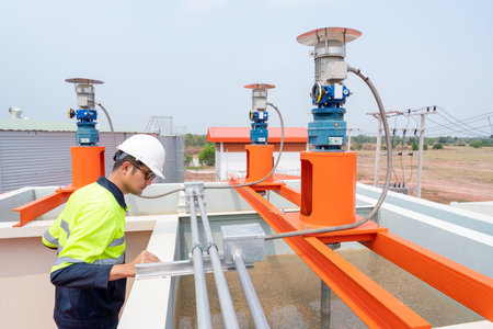 Asian technician looking at the amount of water sludge in a large water filter in an industrial plant.の写真素材
