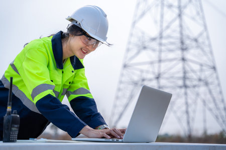 A female electrical engineers using a notebook computer at power station to plan the production of electricity energy at high voltage pylon.の写真素材