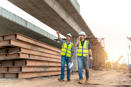 Apprentice and civil engineers monitor work with walkie-talkies to communicate to the management team at the construction site.の写真素材
