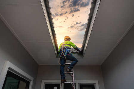 Asian construction worker wearing safety harness belt during working on house roof tiles structure of building on construction site. Roofing tools. Roof repair.の写真素材