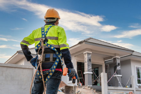 A construction worker stands holding an air gun or pneumatic nail gun and wearing a safety belt for fall protection. the front of the building on the construction site Roofing tools. Repair the roof.の写真素材