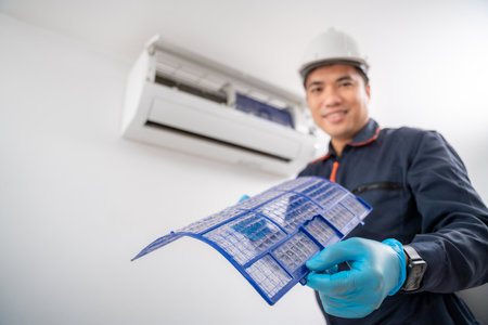 Air conditioner technician removes the air conditioner filter and shows the dusty air conditioner filter on the white wall.の写真素材