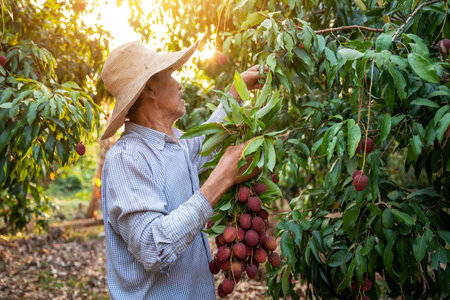 A farmer harvesting fresh Lychee at the lychee garden. Agriculture concept.の写真素材